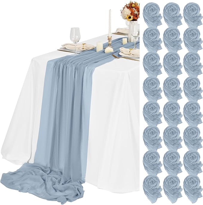 Teruntrue 24 Packs Dusty Blue Cheesecloth Table Runner,10ft Rustic Gauze Boho Wedding Table Runner Decoration, Wedding Table Decor Sheer Table Runner for Wedding Party Bridal Shower Table