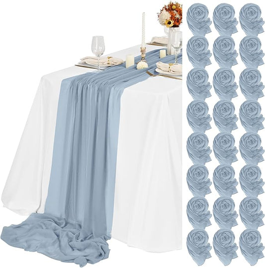 Teruntrue 24 Packs Dusty Blue Cheesecloth Table Runner,10ft Rustic Gauze Boho Wedding Table Runner Decoration, Wedding Table Decor Sheer Table Runner for Wedding Party Bridal Shower Table
