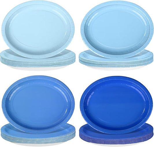 Vesici 100Pcs Blue Paper Plates Gradient Blue Party Supplies Gradient Colors Oval Heavy Duty Disposable Dessert Plates Paper Platters Tableware for Baby Shower Wedding Bridal Birthday Party Supplies