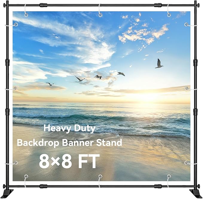 8×8‘ Backdrop Stand Banner Stand Kit with Carry Bag Heavy-Duty Photography Step & Repeat Stand Height and Width Adjustable for Photo Booth Events Weddings Studio Displays