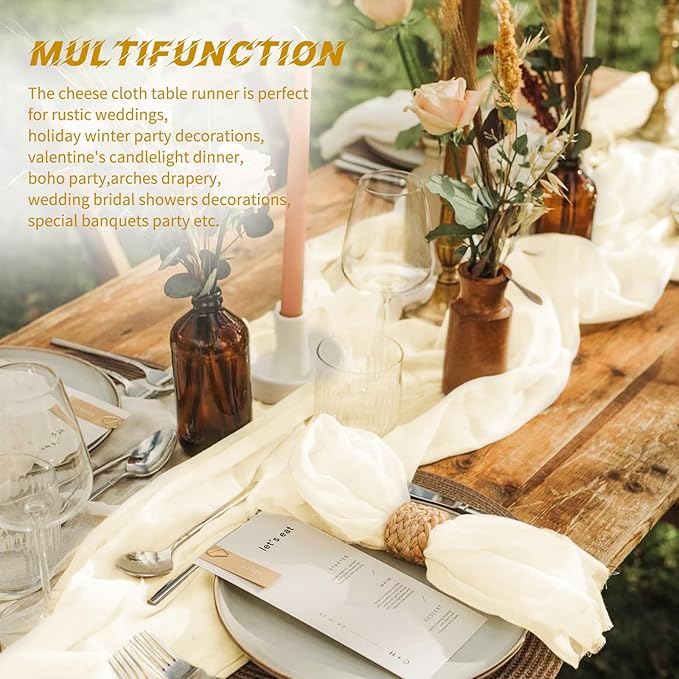 20 Pack Cheesecloth Table Runner - 17x108 Inch Ivory Boho Gauze Cheese Cloth Table Runners for Baby Bridal Shower Decoration Wedding Party Summer Garden Farmhouse