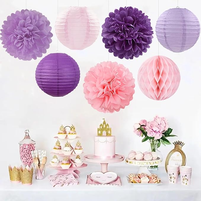 Pink Purple Paper Flowers Tissue Pom Poms Honeycomb Lanterns 15pcs Party Decorations Lavender Birthday Wedding Baby Bridal Shower Lilac Valentines Mothers Day Hanging Supplies Mprocherify