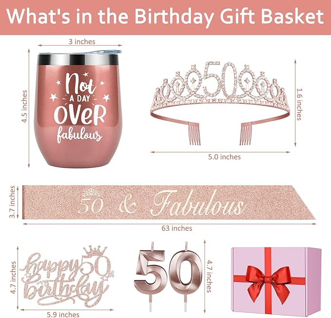 50th Birthday Decorations for Women with 12oz Tumbler/Mug Wine or Coffee, 50th Birthday Sash and Crown, Cake Topper and Candles, 50 Year Old Gifts Idea Rose Gold