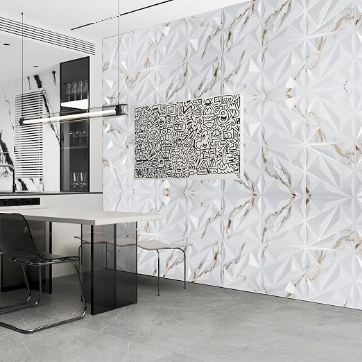 Art3dwallpanels 33 Pack 3D Wall Panel Diamond for Interior Wall Décor, PVC Textured Wall Panels, 12''x12'' Cover 32.Sq.Ft. Gold Veined White