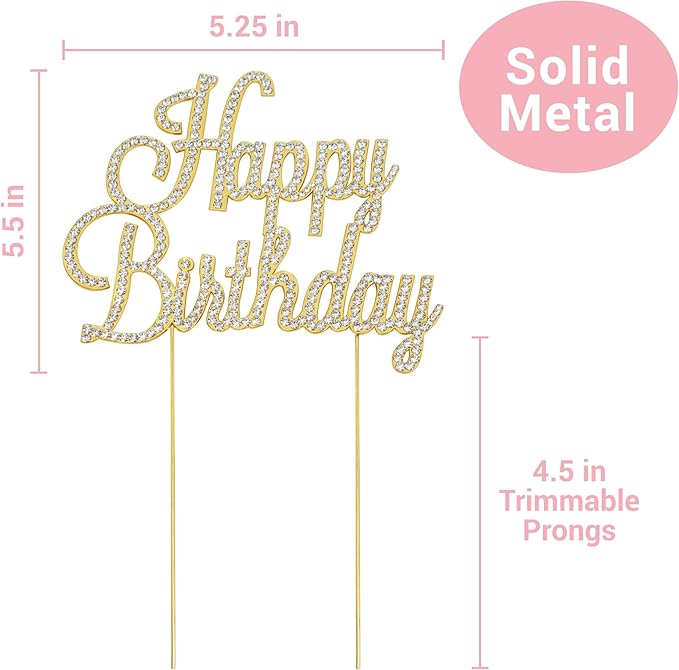 Happy Birthday Cake Topper - Premium Gold Metal - Happy Birthday Party Sparkly Rhinestone Decoration Makes a Great Centerpiece - Now Protected in a Box