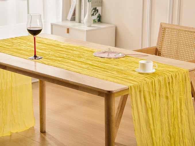 10 Pack Yellow Spring Table Runner Boho Cheesecloth Table Runners Bulk 10 ft Crinkled Gauze Sheer Mother's Day Table Centerpieces for Wedding Ceremony Anniversary Bridal Baby Shower Banquet