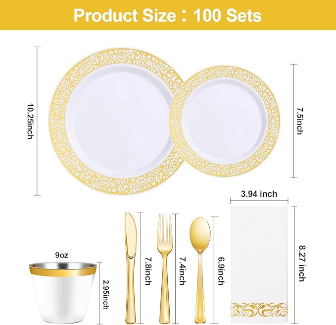 Bestluck 700PCS Gold Plastic Dinnerware Set for 100 Guests, Disposable Plates for Party, Include 100 Gold Dinner Plates, 100 Dessert Plates, 100 Set Silverware, 100 Cups, 100 Napkins