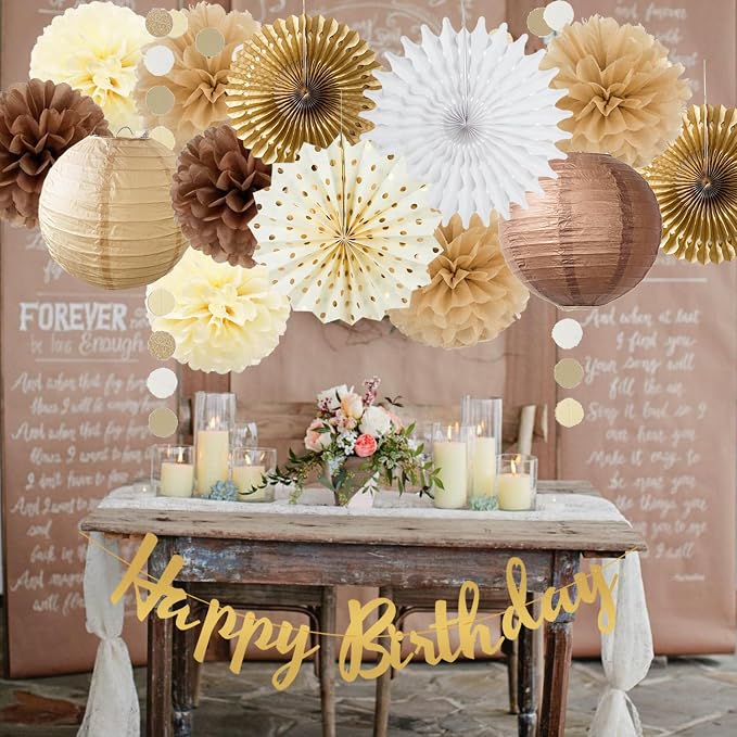 Brown Birthday Party Decorations White Brown Champagne Rustic Birthday Party Decoration Paper Pom Poms Flowers Hanging Paper Fans for Neutral Bear Baby Shower Boho Party Decoration