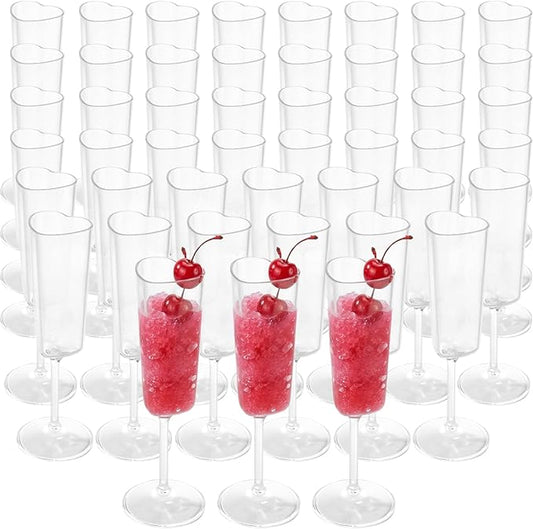 JLYLOL 48 PCS Heart Shaped Champagne Flutes, 5.5OZ Plastic Champagne Glasses, Unique Wedding Toasting Glasses, Elegant Stemmed Drinking Cups Plastic Goblets for Celebrations Anniversary Bride (Clear)