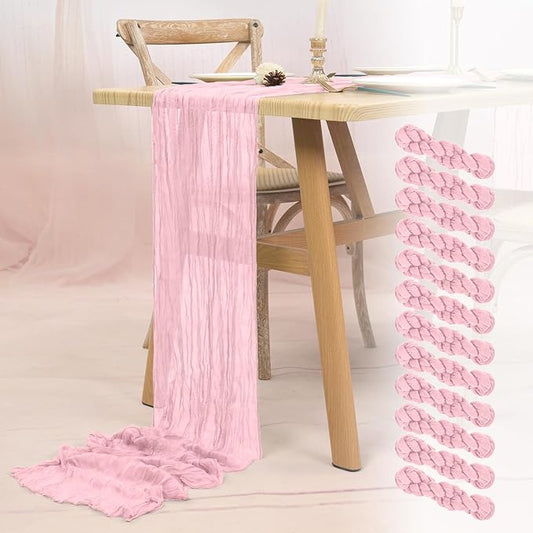 12 Pack Pink Cheesecloth Table Runner 10FT Light Pink Boho Gauze Cheese Cloth Table Runner Rustic Sheer Fabric Table Runners for Wedding Bridal Shower Baby Shower Party(21.5×120 Inch)