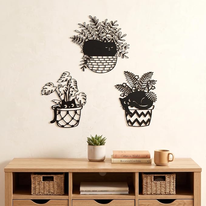 Fiwochic 3 Pcs Black Cat Metal Wall Decor Cute Blakc Cat Botanical Wall Art Leaves Art Potted Plant Decoration for Cats Lover Minimalist Room Living Room Patio Decor Gift