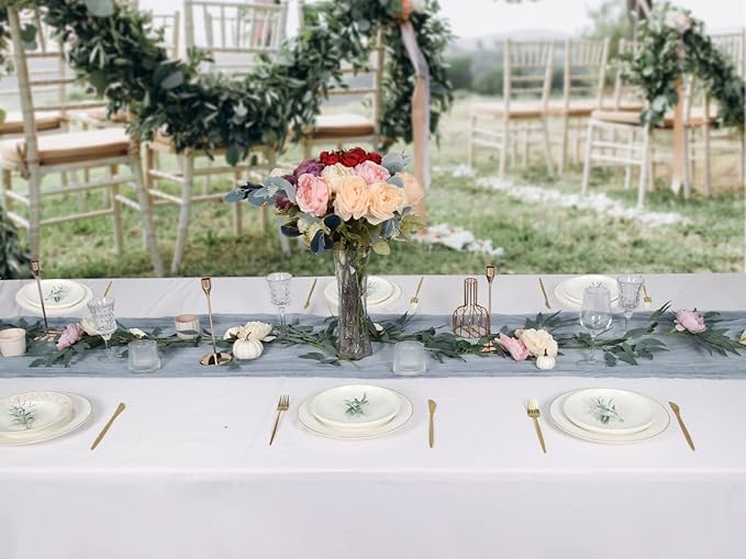 120 inch Dusty Blue Cheesecloth Table Runner - 10Ft Long Cotton Blue Gauze Runner Blue Cheese Cloth Grapy Sheer Cloth Decor for Weddings Bridal and Baby Showers Parties Decoration
