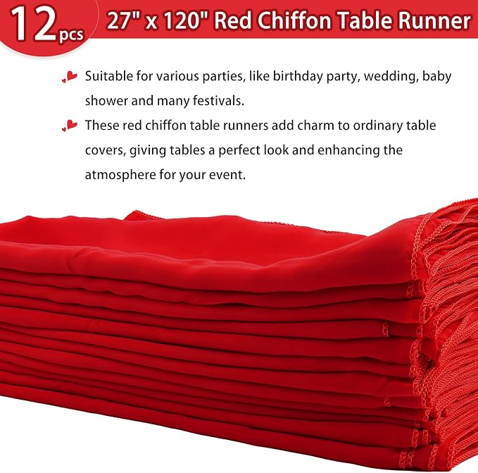 Fivenl 12 Pack Chiffon Table Runner - 27 x 120 Inches, Sheer, Romantic, Wedding & Party Decor (Red)
