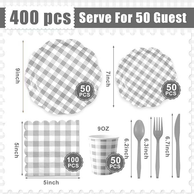 Funnymoom 400 Pcs Gingham Party Supplies for 50 Guests Gray and White Paper Plates and Napkins Knives Spoons Forks Cups Disposable Checkered Dinner Party Set Cutlery for Baby Shower Wedding Favor