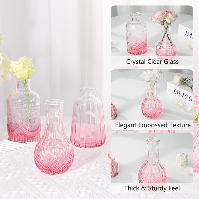 RUCKAE Glass Bud Vases Mini Flower Vase Small Vintage Vases for Centerpiece Table Wedding Decorations Home Decor Party(Gradient Pink 22 Pack)