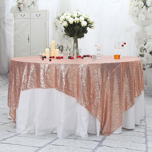 PartyDelight Square Rose Gold Sequin Tablecloth 70x70inch High-Density 3mm Stitched Sequins Shimmering Table Overlay for Weddings, Anniversaries & Party Decorations