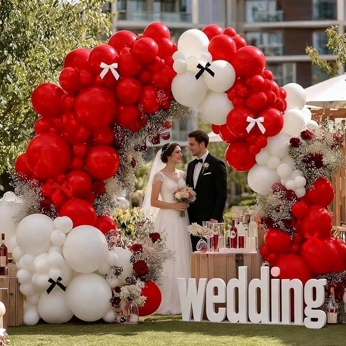 Double Stuffed Red Balloon with Bow, Matte Ruby Red Latex Balloon Arch Garland Kit in Different Sizes 5/12/18 in for Birthday Wedding Baby Shower Mothers Anniversary Bridal Shower Party Decorations