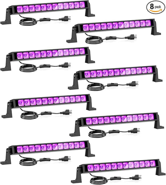 Onforu 8 Pack 42W LED Black Lights, Blacklight Bars with Plug and Switch, Glow in The Dark Party Supplies for Halloween Decorations, Bedroom, Body Paint, Stage Lighting, Poster, Black