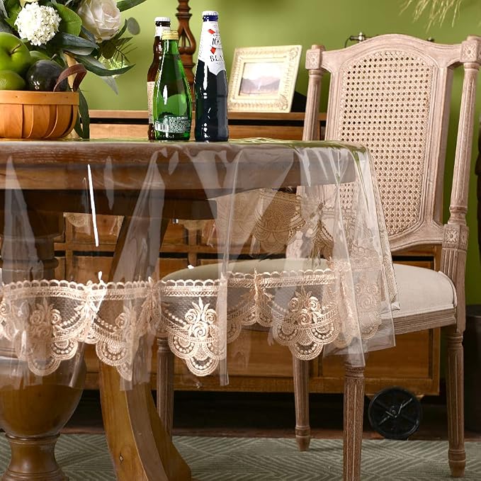 ARTABLE Vinyl PVC Rectangle Tablecloth Waterproof Clear Table Cover with Champagne Lace Macrame Border for Wedding Kitchen Home Outdoor Indoor Holidays Party Decor (Champagne, 60'' (Round))