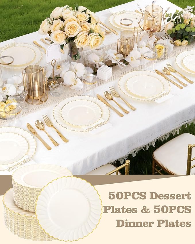 YOUBET 100PCS Ivory Scalloped Plastic Plates - Heavy Duty Gold Disposable Fancy Hard Plates Include 50 Dinner Plate, 50 Dessert Plate, for Wedding & Party