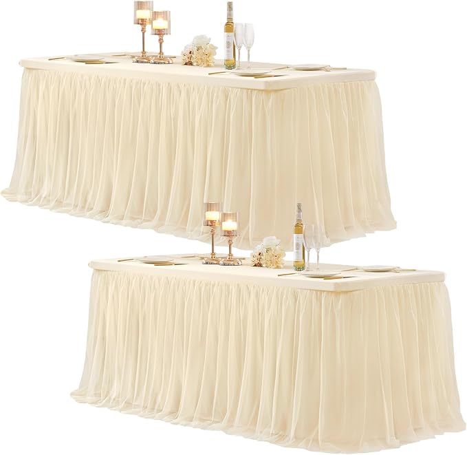 Champagne Tablecloth for 8 Foot Rectangle Tables, Ruffle Tulle Table Skirt for Rectangle Table 8ft Tables Cover Fitted Banquet Birthday Party Wedding Tablecloth Elastic Stretch