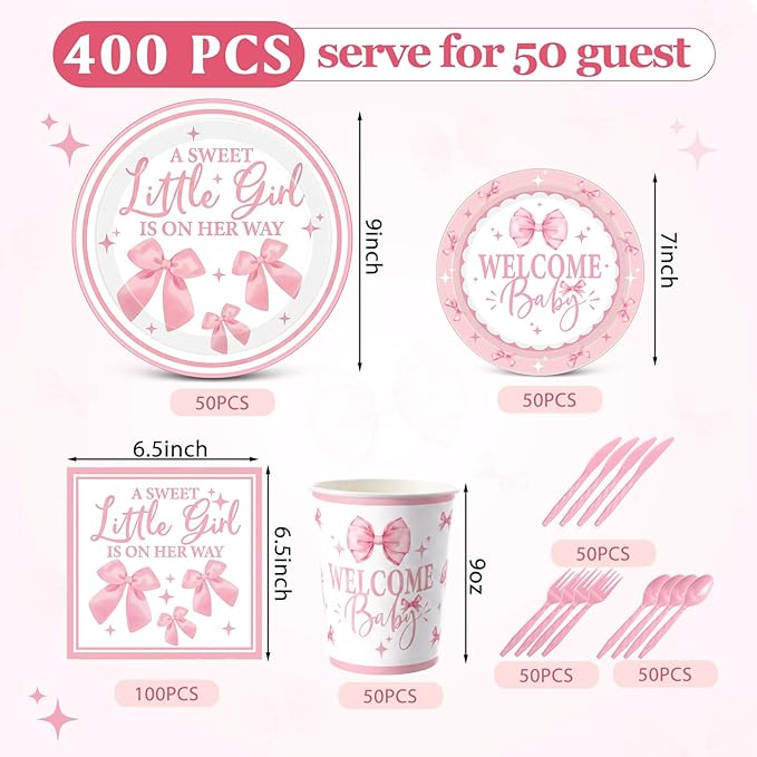 400 Pcs Pink Bows Baby Shower Party Decoration Girl for 50, a Sweet Little Girl Is on Her Way Plates Napkins Cups Cutlery for Welcome Baby Bow Coquette Birthday Party Supply