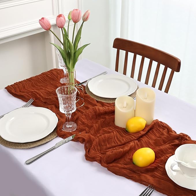 16 Pack Table Runner Terracotta Cheesecloth 10ft Boho Gauze Fabric 120 Inch Burnt Orange Cheese Cloth Table Runner Rustic Sheer for Holiday Baby Shower Party Décor Home Wedding Decoration
