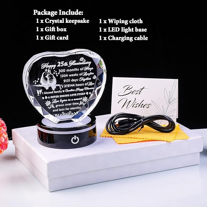YWHL 25th Wedding Anniversary Crystal Heart Gifts for Couple Parents, Romantic 25 Year Anniversary Crystal Keepsake Gifts for Wife Husband with LED Base, 25 Years of Marriage Gifts for Her Him