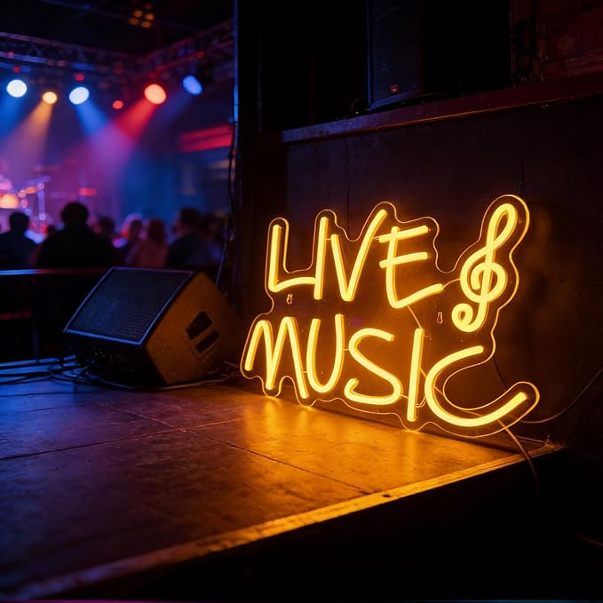 Live Music Neon Signs for Wall Decor, LED USB Powered Light Sign, Yellow Neon Light Up Letters Sign for Bedroom Music Studio Room Club Party Decor 16.93 x 11.02"