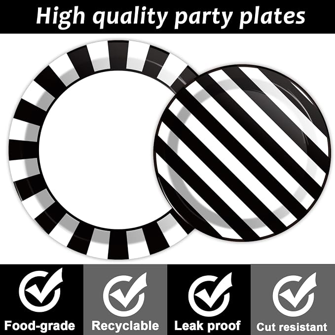 200pcs Black and White Party Plates Napkins Forks Striped Theme Party Tableware Set Black White Party Disposable Paper Dessert Dinnerware Kids Adults Wedding Party Baby Shower Decor Supplies Serves 50