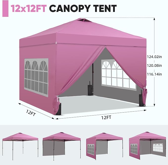 GDY 12x12 Pop Up Canopy Tent with 4 Sidewalls, Easy Set up with One Push Lift Gazebo with Wheel Bag and4 Sandbags,Carpas for Events, Parties,Camping, Pink.