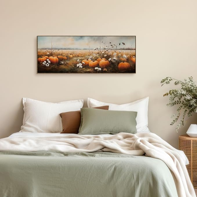 TLESKE Vintage Fall Pumpkin Farmhouse Large Wall Art Decor Framed 15x40 | Autumn Pumpkin Field Landscape Canvas Wall Art Print for Bedroom Living Room, Rustic Farm Harvest Wall Artwork Picture