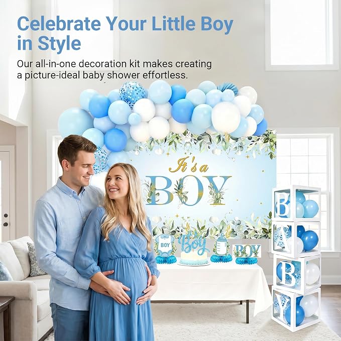 Baby Boy Shower Decorations, 107Pcs All-in-One Blue Themed Set for Baby Party, Pregnancy Gender Announcement, Easy to Assemble, It's a Boy Baby Shower Decorations