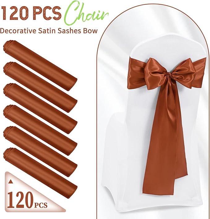 120 PCS Terracotta Satin Chair Sashes, Ties Bows Designed Chairs Decorative, Chair Cover Sashes for Thanksgiving Wedding Christmas Banquet Party Home Kitchen Decoration (7 x 108 inch)