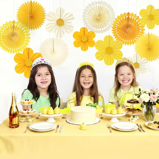 Yellow Party Decorations, 12PCS Paper Fans Flower Wall Backdrop for Sunflower Theme Birthday, Summer Lemon Party, Weddings, Baby Showers, Nursery Classroom Ceiling Supplies