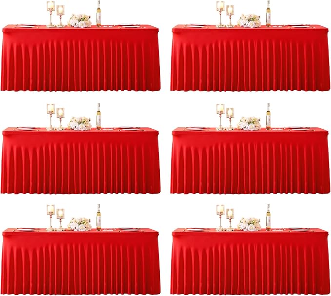 6 Pack 8ft Red Spandex Table Cloths for Rectangle Tables Wrinkle Free Red Tablecloths Rectangle Stretch Fitted 6 Foot Table Cover with Skirt for Birthday Party Baby Shower Wedding Banquet Buffet