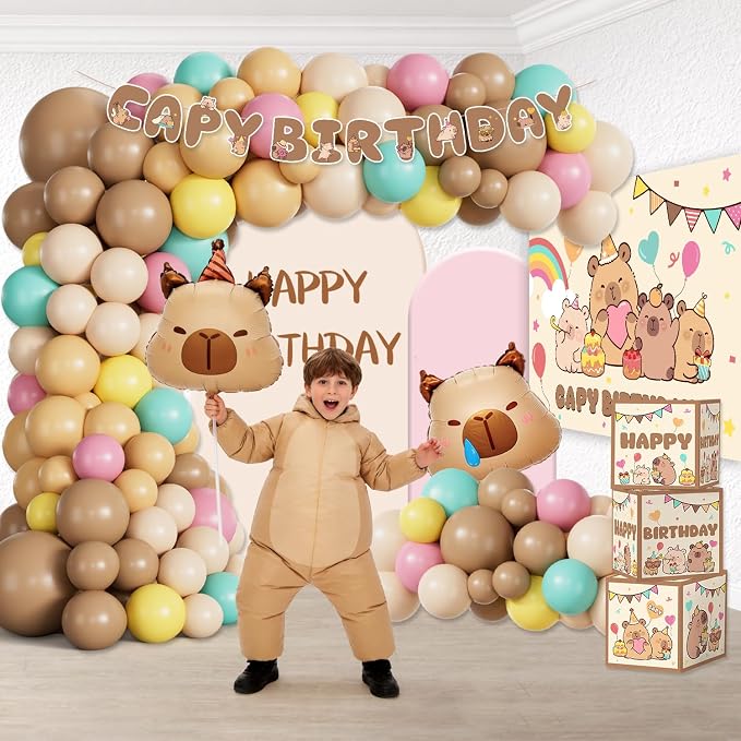 287 Pcs Capybara Birthday Decorations, Worry-Free One-Stop Set Serves 25 Guests, with Capybara Balloons Arch Kit, Backdrop, Thick Plates, and Cake Toppers, Easy Setup for Capybara Party Decorations
