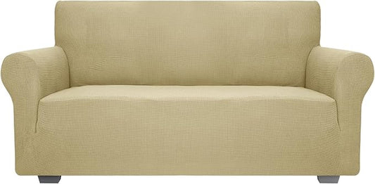 JIVINER High Stretch Loveseat Sofa Slipcovers 1-Piece Jacquard Couch Covers for 2 Cushion Couch Furniture Protector Washable Sofa Covers for Kids Pets Small Checks (Loveseat, Champagne)