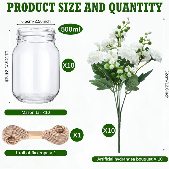 XunYee 10 Set Mason Jar Table Centerpiece with Flower Mason Jar Flower Centerpiece Vases Decor for Engagement Party Bridal Shower Wedding Reception Table Decor(White,Hydrangea)
