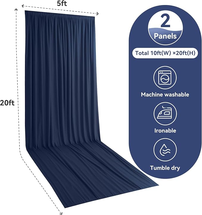 10ft x 20ft Navy Blue Ceiling Drapes for Wedding Parties, Wrinkle Free Thick Polyester 20ft Extra Long Wedding Draping Blue Ceiling Curtains Arch Drapery for Birthday Party Canopy Tent Decor
