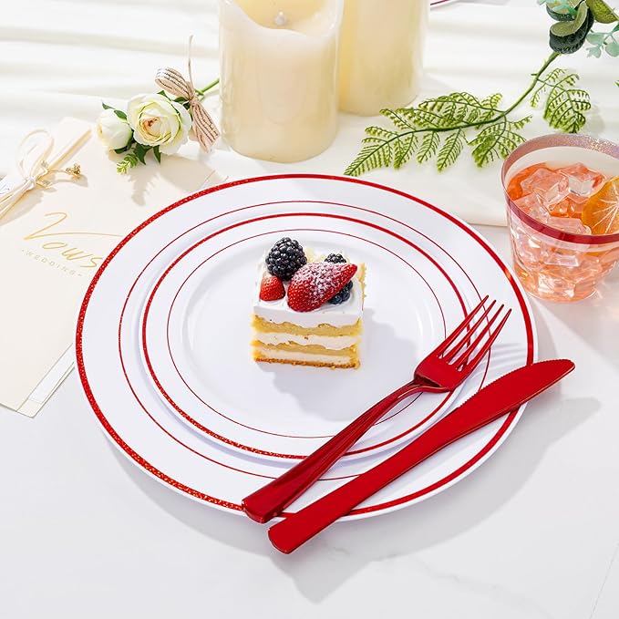 WELLIFE 700 Pieces Red Plastic Plates - Disposable Silverware and Cups, Include: 100 Dinner Plates 10.25”, 100 Dessert Plates 7.5”, 100 Red Cups 9 OZ, 100 Plastic Cutlery