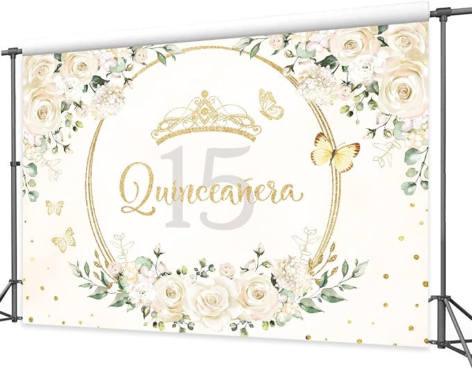 Quinceañera Backdrop 7Wx5H Feet Polyester Fabric Mis Quince 15 Anos Birthday Party Decorations Supplies for Girl Princess White Floral Gold Crown Butterfly Photography Background Props