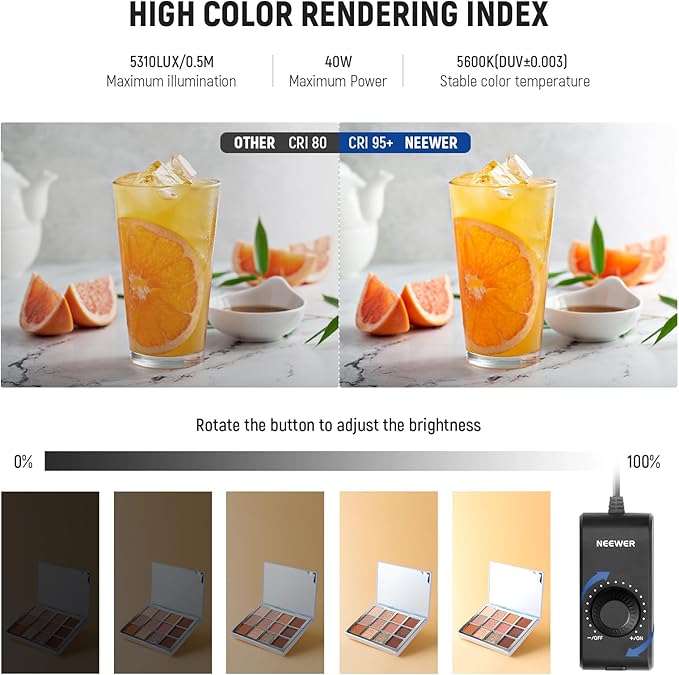 NEEWER 40CM Upgraded Photo Studio Light Box, 16"x16" Portable Folding Photography Lightbox, 4 Backdrops, 5600K 144 LEDs 5310lx/0.5m Dimmable Picture Booth Shooting Tent for Jewelry Electronics, LP40