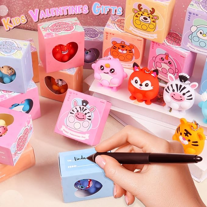 ChildFun Valentines Day Gifts for Kids, 24 PCS Prefiled Valentines Box with 3D Animal Pop Suction Toys, Valentines Party Favors for Class, School Classroom Valentines Gifts for Boys Girls Toddlers