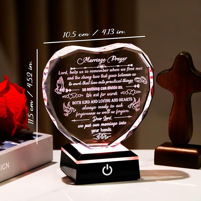 Arikyrist Crystal Wedding Gifts for Couples 2026 Heart-shaped Marriage Prayer Plaque with LED Base Anniversary Wedding Gifts for Newlyweds Valentine's Day Wedding Engagement Presents