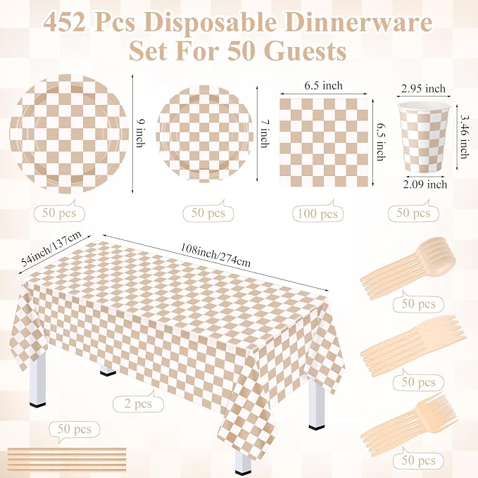 Funnymoom 452 Pcs Beige and Brown Gingham Party Supplies for 50, Beige Checkered Plaid Paper Plates Napkins Cups Tablecloth Cutlery Straws for Picnic Camping Birthday Baby Shower Decoration