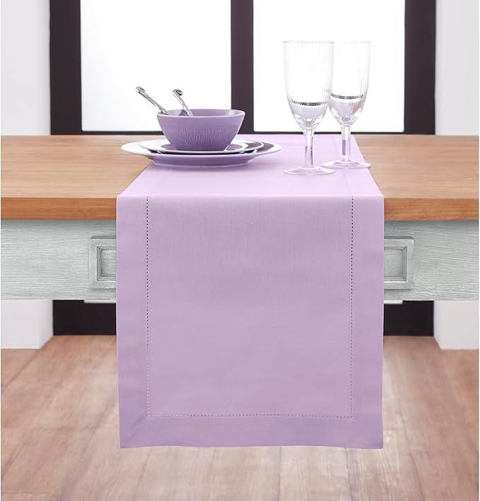 Solino Home Cotton Linen Table Runner 120 Inches Long - Hemstitch Lavender Ice Dining Table Runner 14 x 120 Inch for Mothers Day, Spring, Summer