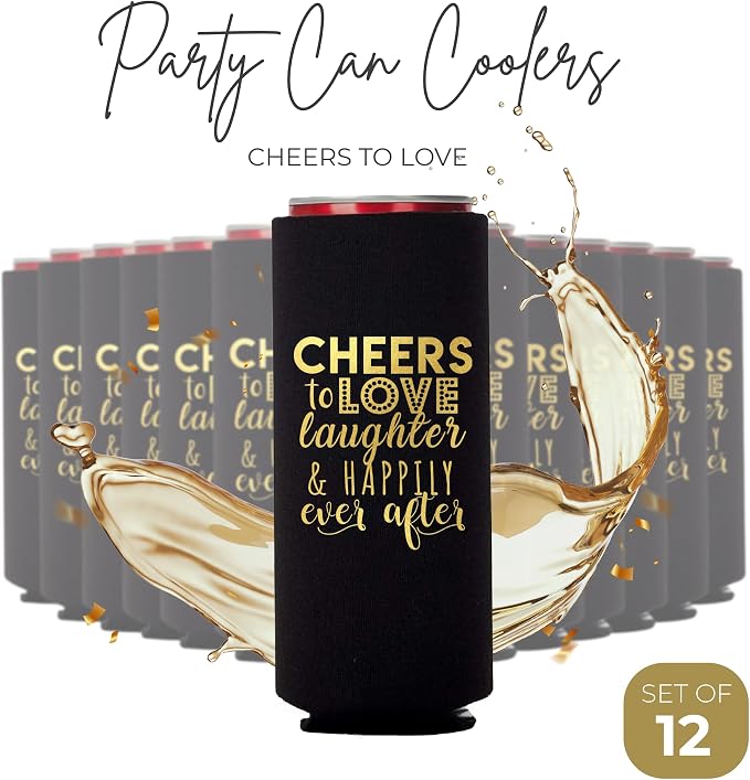 Wedding Can Cooler Decorations Set of 12 - Cheers to Love Laughter and Happily Ever After, Wedding Rehearsal Dinner Decorations - Bridal Showers, Engagement Party Favors for Guests and Supplies