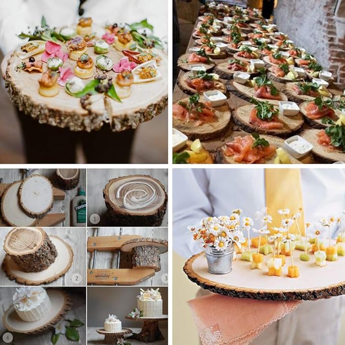 6 Pcs 8"-11" Wide Large Natural Round Wood Slices with Bark Pine Wood Slices Table Mat with 50 Pcs Kraft Place Cards for for Wedding Centerpiece DIY Woodland Projects Table Chargers Country Decor