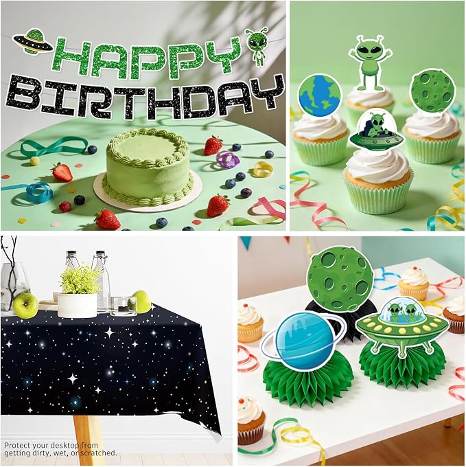 Xynic 205pcs Alien Birthday Decorations Complete Party Set, Serves 25 guests, Alien Birthday Party Decorations, Outer Space theme party supplies, includes Banner Cake Decor Plates Napkins Tablecloth